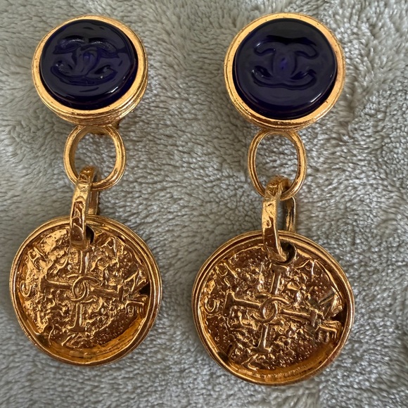 CHANEL Jewelry - CHANEL Vintage Earrings Gold and Dark Blue Coin Earrings